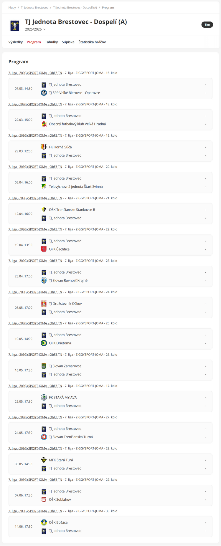 Rozlosovanie zápasov 2025-26 - tabulka jar